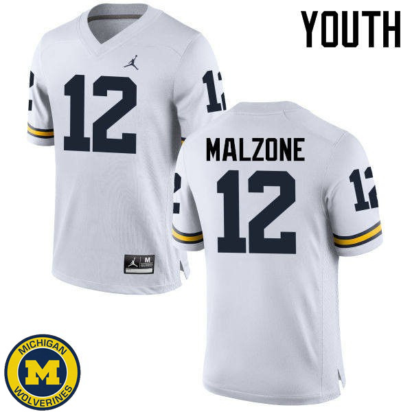 Youth University of Michigan #12 Alex Malzone White Player Football Jersey